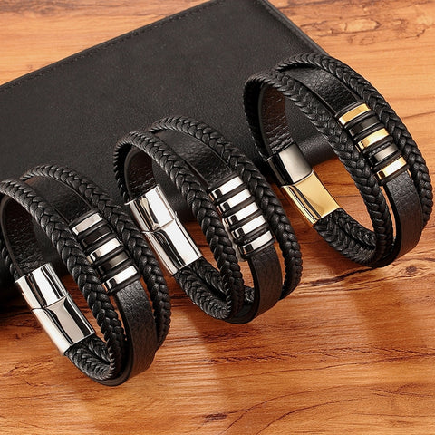 XQNI 3 Layers Black Punk Style Design Leather Bracelet for Men Stainless Steel Magnetic Button Birthday Gift Male Bracelets