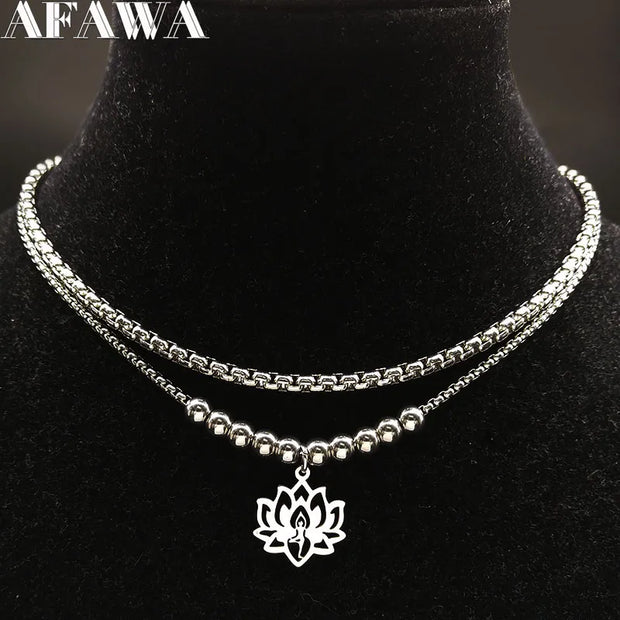 2023 Fashion Yoga Lotus Stainless Steel Statement Necklace for Women Silver Color Double Layer Necklace