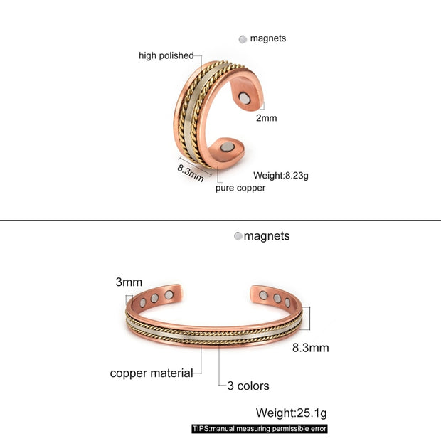 Jewelry-Set Magnetic Pure Copper Bracelet Ring Healing Energy Jewelry Set for Women Rose Gold High Magnet Adjustable Cuff Bangle