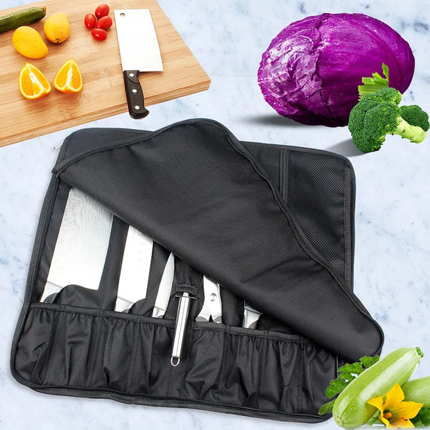 Portable Knife Roll Bag Oxford Multiple Pockets Kitchen Utensils Chef Storage Bag Camping Trip Carry Case Bag