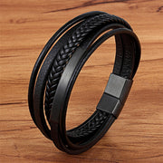 XQNI Multi-layer Hand-woven Steel Black Men Leather Stainless Steel Bracelet DIY Size Carve Logo For Surprise Birthday Gift