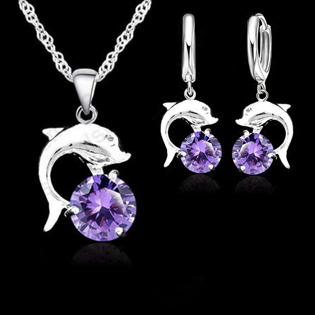 925 Silver Needle Jewelry Sets for Women Grils Wedding Engagement CZ Diamond Dolphin Pendant Necklace Hoop Earrings