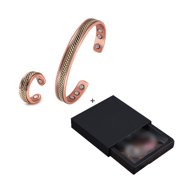 Jewelry-Set Magnetic Pure Copper Bracelet Ring Healing Energy Jewelry Set for Women Rose Gold High Magnet Adjustable Cuff Bangle