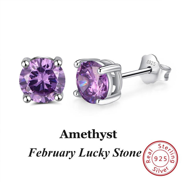 Effie Queen 925 Sterling Silver Birthstone Earrings for Women AAA Cubic Zircon 12 Colors Stud Earrings Fashion Girl Jewelry BE84