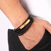 XQNI Multi-layer Hand-woven Steel Black Men Leather Stainless Steel Bracelet DIY Size Carve Logo For Surprise Birthday Gift