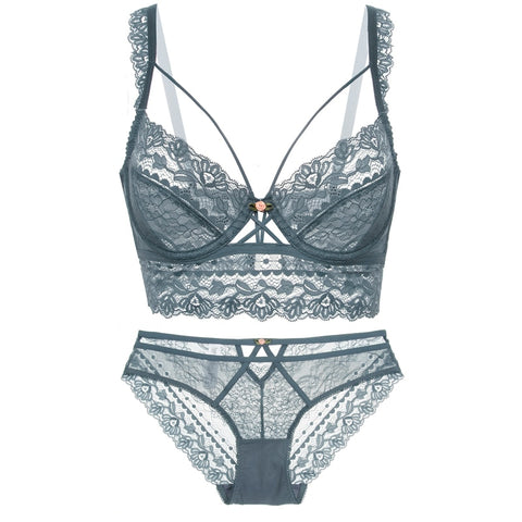 Nuevo conjunto de sujetador, lencería, sostén push-up, ropa interior de encaje, bragas sexis transparentes.