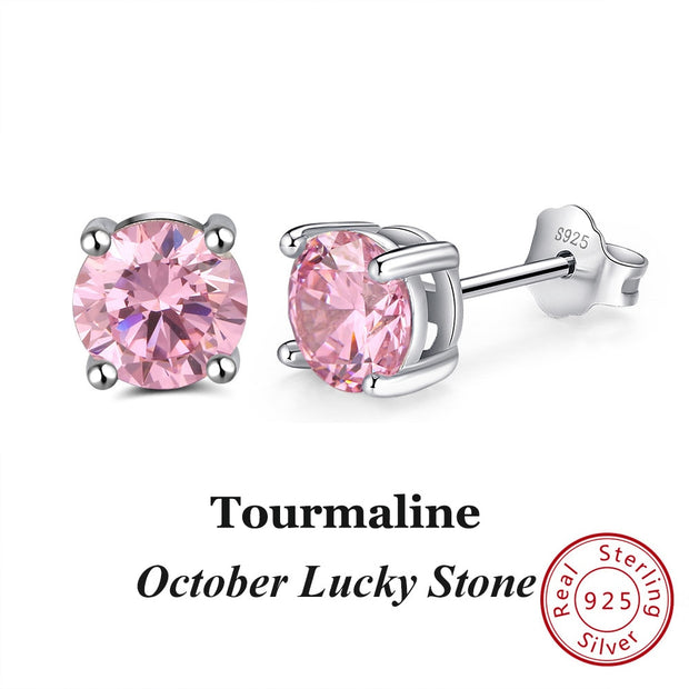 Effie Queen 925 Sterling Silver Birthstone Earrings for Women AAA Cubic Zircon 12 Colors Stud Earrings Fashion Girl Jewelry BE84