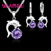 925 Silver Needle Jewelry Sets for Women Grils Wedding Engagement CZ Diamond Dolphin Pendant Necklace Hoop Earrings