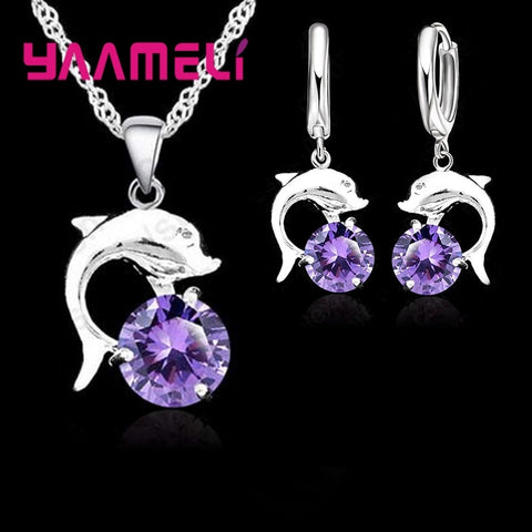 925 Silver Needle Jewelry Sets for Women Grils Wedding Engagement CZ Diamond Dolphin Pendant Necklace Hoop Earrings