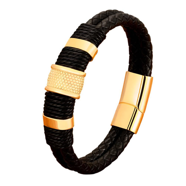 XQNI Woven Leather Rope Wrap Special Style Classic Stainless Steel Men's Leather Bracelet Double-layer Design DIY Customization