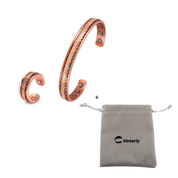 Jewelry-Set Magnetic Pure Copper Bracelet Ring Healing Energy Jewelry Set for Women Rose Gold High Magnet Adjustable Cuff Bangle