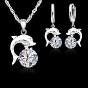 925 Silver Needle Jewelry Sets for Women Grils Wedding Engagement CZ Diamond Dolphin Pendant Necklace Hoop Earrings