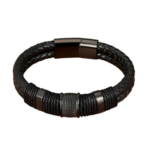 XQNI Woven Leather Rope Wrap Special Style Classic Stainless Steel Men's Leather Bracelet Double-layer Design DIY Customization