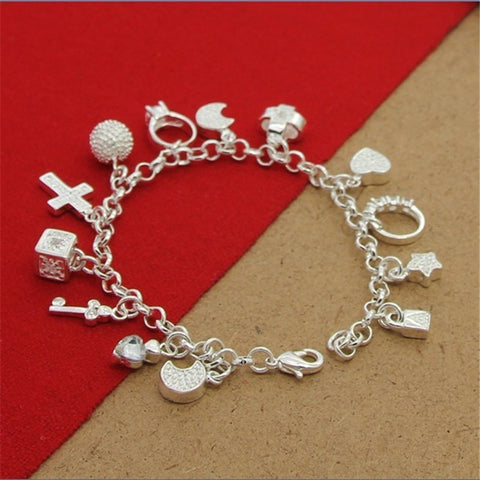 High Quality 925 Silver Colour Bracelet With Multiple Pendant Zircon Bracelets For Women'S Party Charm Jewelry Gift