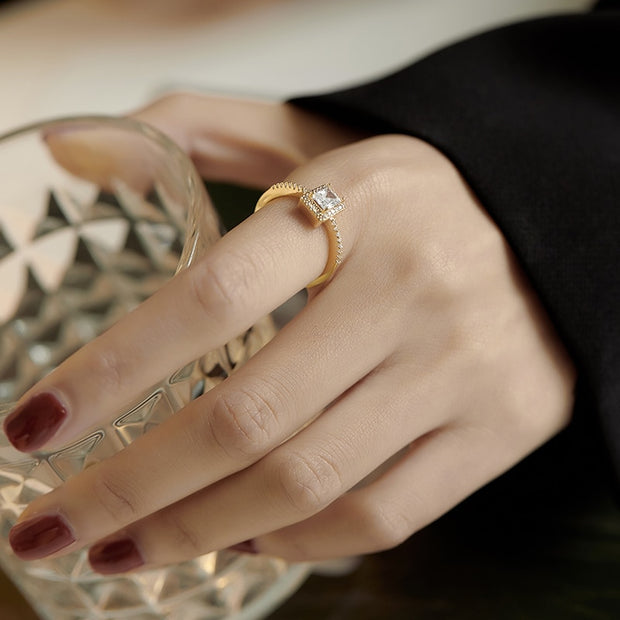 Exquisite Simple Square Zircon Gold Color Open Rings For Woman 2022 Salary Goth Jewelry Wedding Party Girls' Luxury Student Ring