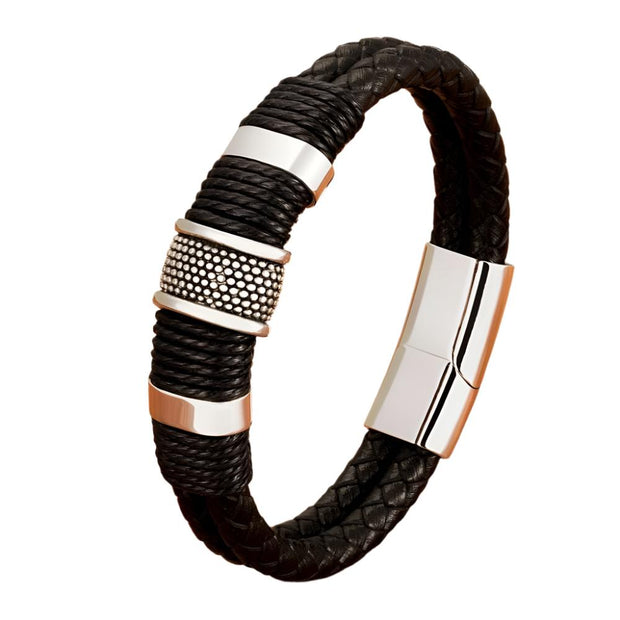XQNI Woven Leather Rope Wrap Special Style Classic Stainless Steel Men's Leather Bracelet Double-layer Design DIY Customization