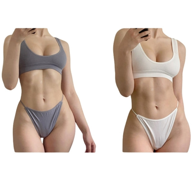 Conjunto de sujetadores sin costuras para mujer, Bralette sin aros, ropa interior de Bikini, tangas de cintura baja, Tops lisos con escote, lencería Sexy