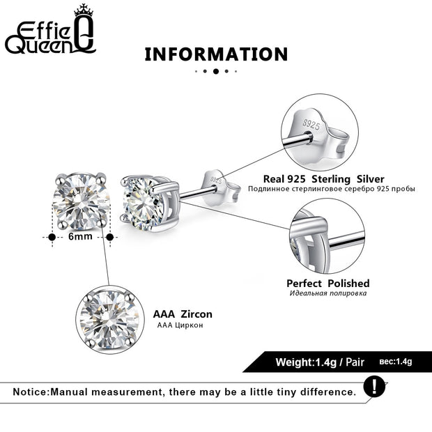 Effie Queen 925 Sterling Silver Birthstone Earrings for Women AAA Cubic Zircon 12 Colors Stud Earrings Fashion Girl Jewelry BE84
