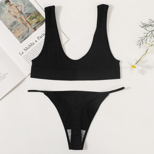 Conjunto de sujetadores sin costuras para mujer, Bralette sin aros, ropa interior de Bikini, tangas de cintura baja, Tops lisos con escote, lencería Sexy