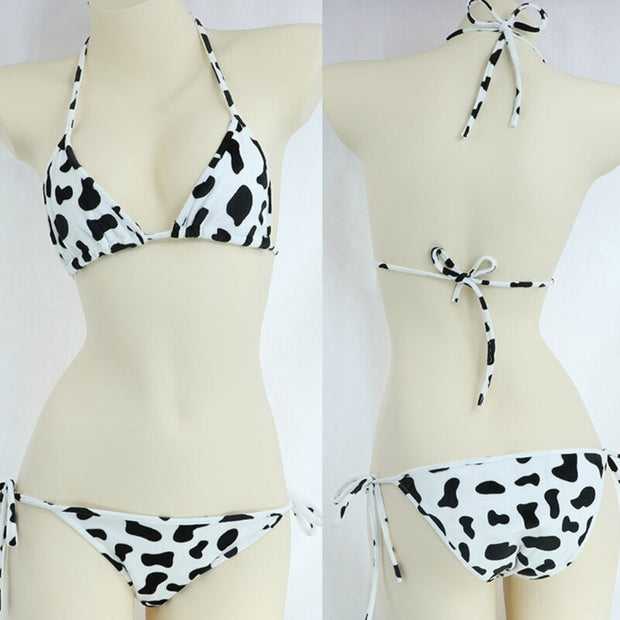 Conjunto de bikini de 2 piezas con estampado lindo y lazo lateral, ropa interior japonesa para cosplay, sujetadores halter y braguitas con lazo lateral