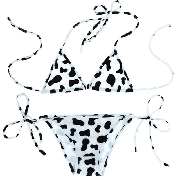 Conjunto de bikini de 2 piezas con estampado lindo y lazo lateral, ropa interior japonesa para cosplay, sujetadores halter y braguitas con lazo lateral