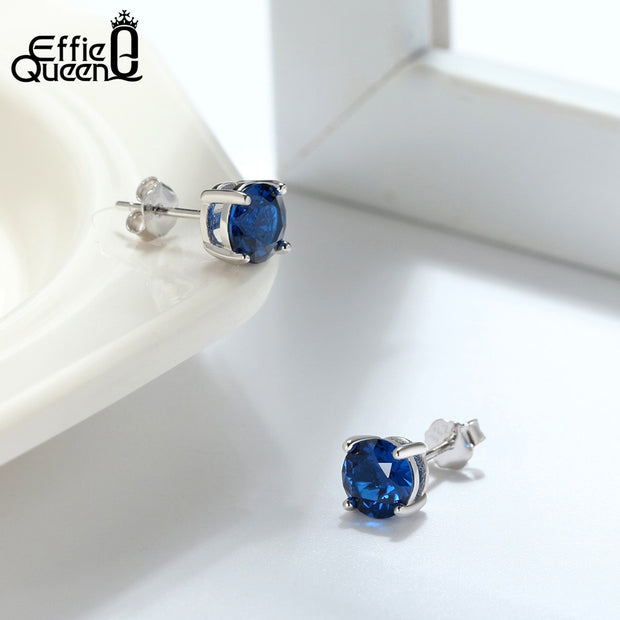 Effie Queen 925 Sterling Silver Birthstone Earrings for Women AAA Cubic Zircon 12 Colors Stud Earrings Fashion Girl Jewelry BE84