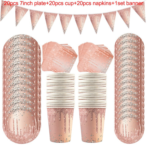 Rose Gold Birthday Decorations Disposable Tableware Set Paper Cup Adult Wedding Birthday Party Decorations Kids Babyshower Girl