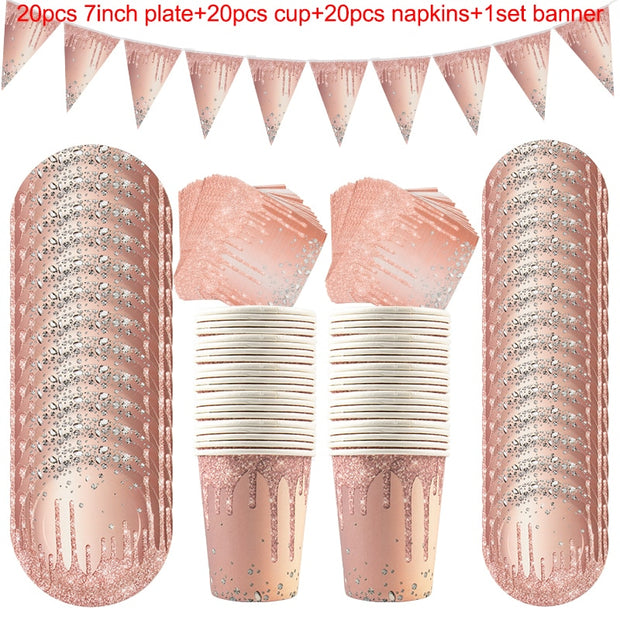 Rose Gold Birthday Decorations Disposable Tableware Set Paper Cup Adult Wedding Birthday Party Decorations Kids Babyshower Girl