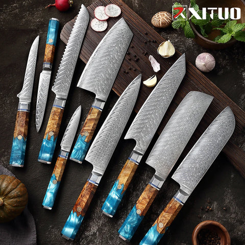 Damascus Premium Knives 1-9 PCS Japanese Kitchen Knife Set VG10 Steel Core Ultra-Sharp Professional Chef Full Tang Handle