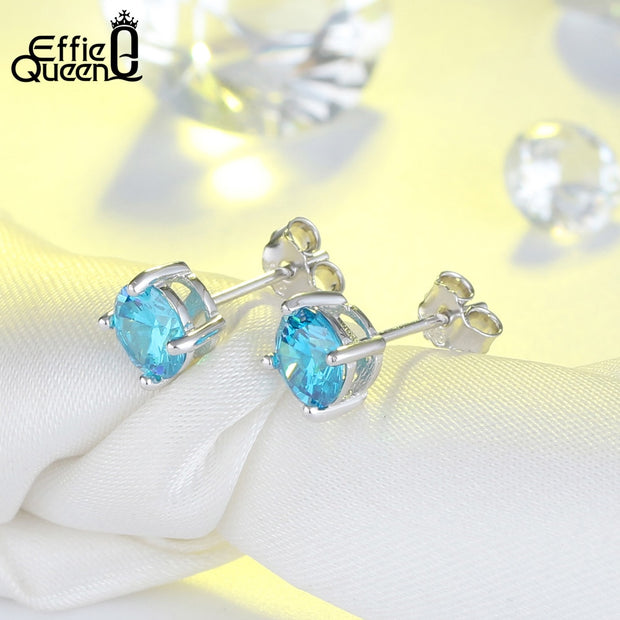 Effie Queen 925 Sterling Silver Birthstone Earrings for Women AAA Cubic Zircon 12 Colors Stud Earrings Fashion Girl Jewelry BE84