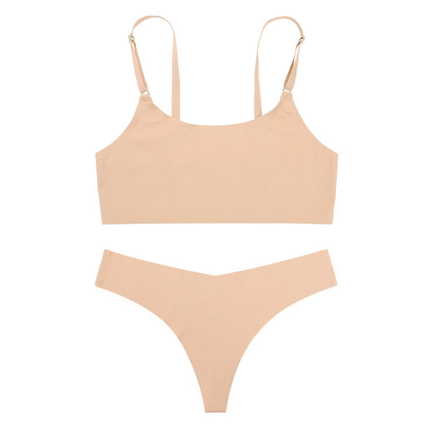 Conjunto de sujetador sin costuras, lencería Sexy push-up, ropa interior de seda helada para mujer, sujetador y Tanga ajustados ultrafinos.