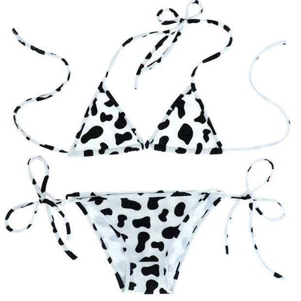 Conjunto de bikini de 2 piezas con estampado lindo y lazo lateral, ropa interior japonesa para cosplay, sujetadores halter y braguitas con lazo lateral