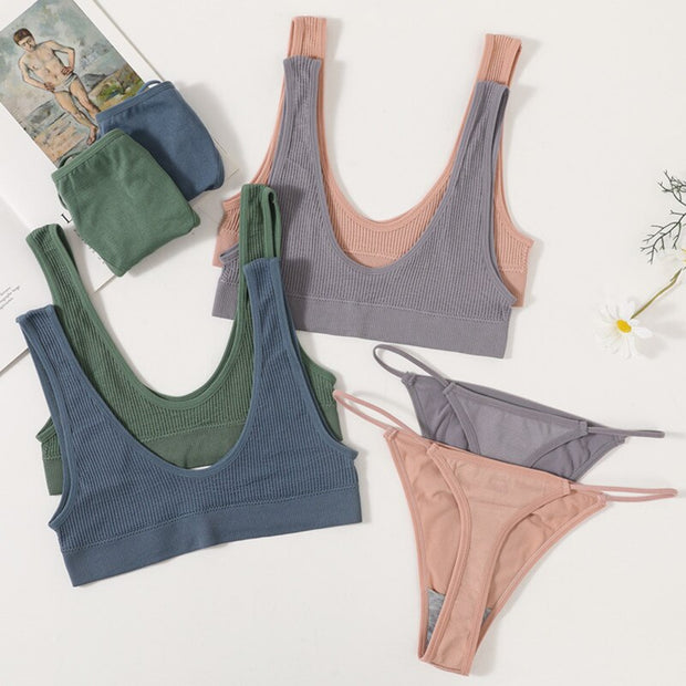Conjunto de sujetadores sin costuras para mujer, Bralette sin aros, ropa interior de Bikini, tangas de cintura baja, Tops lisos con escote, lencería Sexy