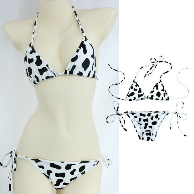 Conjunto de bikini de 2 piezas con estampado lindo y lazo lateral, ropa interior japonesa para cosplay, sujetadores halter y braguitas con lazo lateral