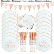 Rose Gold Birthday Decorations Disposable Tableware Set Paper Cup Adult Wedding Birthday Party Decorations Kids Babyshower Girl