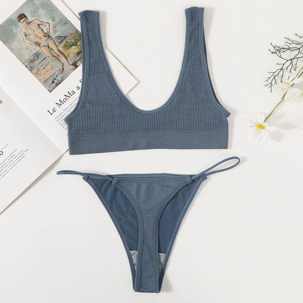 Conjunto de sujetadores sin costuras para mujer, Bralette sin aros, ropa interior de Bikini, tangas de cintura baja, Tops lisos con escote, lencería Sexy