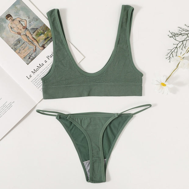 Conjunto de sujetadores sin costuras para mujer, Bralette sin aros, ropa interior de Bikini, tangas de cintura baja, Tops lisos con escote, lencería Sexy