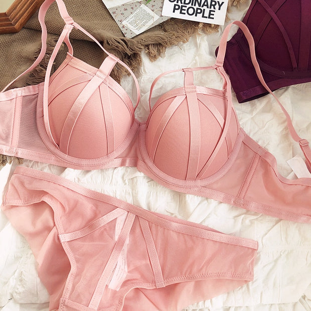 New Color Underwear Set Sexy Hollow Push Up Bra Set Bandage Brassiere Lace Plus Size Bra and Panties Sets