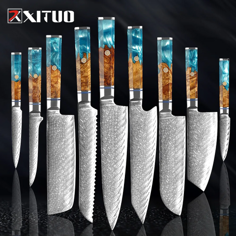 Damascus Premium Knives 1-9 PCS Japanese Kitchen Knife Set VG10 Steel Core Ultra-Sharp Professional Chef Full Tang Handle