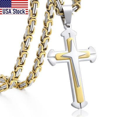 Men's Cross Necklace Gold Color Black Cross Pendant Stainless Steel Byzantine Chain Necklace Male Jewelry KP180