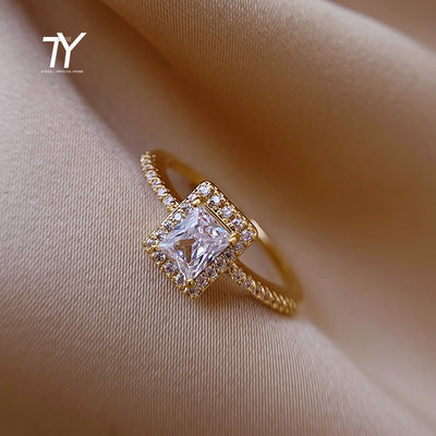 Exquisite Simple Square Zircon Gold Color Open Rings For Woman 2022 Salary Goth Jewelry Wedding Party Girls' Luxury Student Ring