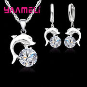 925 Silver Needle Jewelry Sets for Women Grils Wedding Engagement CZ Diamond Dolphin Pendant Necklace Hoop Earrings