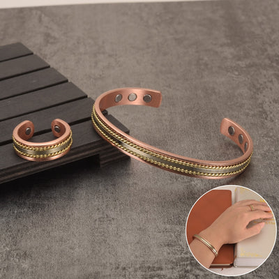 Jewelry-Set Magnetic Pure Copper Bracelet Ring Healing Energy Jewelry Set for Women Rose Gold High Magnet Adjustable Cuff Bangle