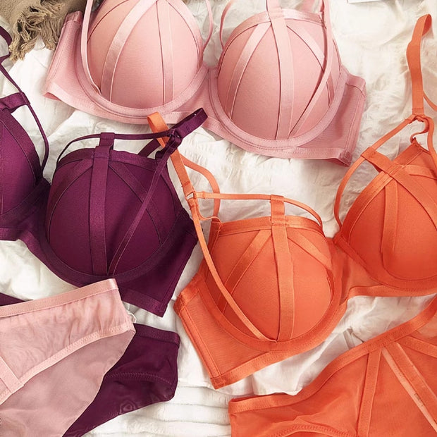 New Color Underwear Set Sexy Hollow Push Up Bra Set Bandage Brassiere Lace Plus Size Bra and Panties Sets