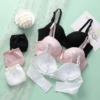 Conjunto de sujetador y bragas con cierre trasero de encaje para mujer, conjunto de lencería Sexy, Bralette de realce inalámbrico, bordado suave