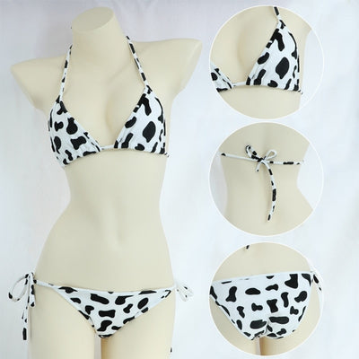 Conjunto de bikini de 2 piezas con estampado lindo y lazo lateral, ropa interior japonesa para cosplay, sujetadores halter y braguitas con lazo lateral