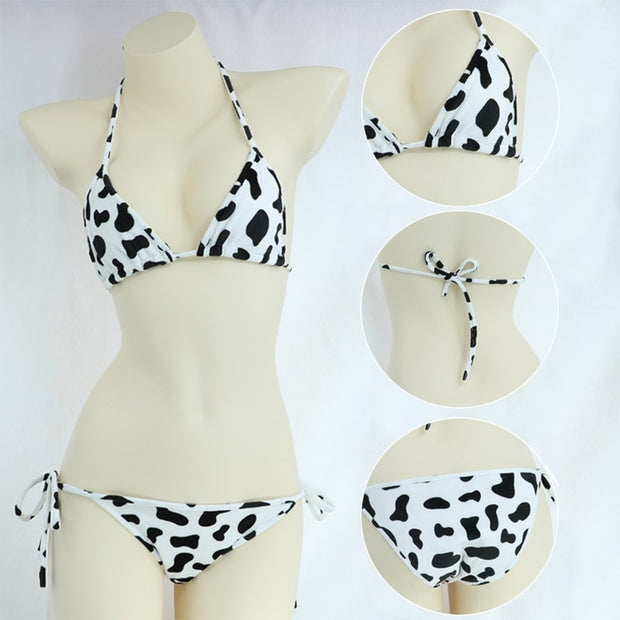 Conjunto de bikini de 2 piezas con estampado lindo y lazo lateral, ropa interior japonesa para cosplay, sujetadores halter y braguitas con lazo lateral